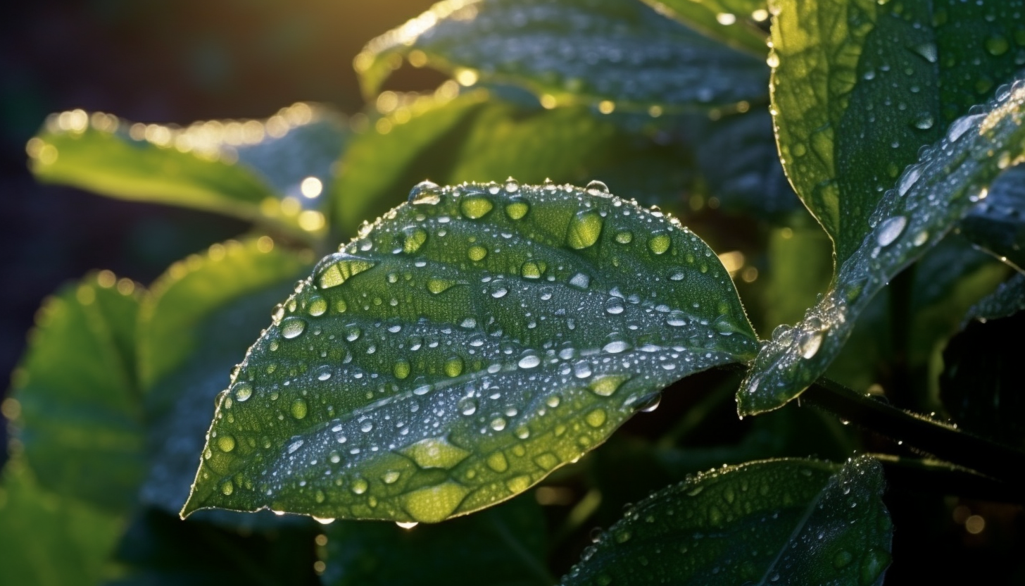 Close-up of dew-kissed leaves in the early morning light.