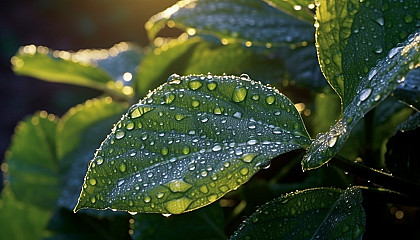 Close-up of dew-kissed leaves in the early morning light.