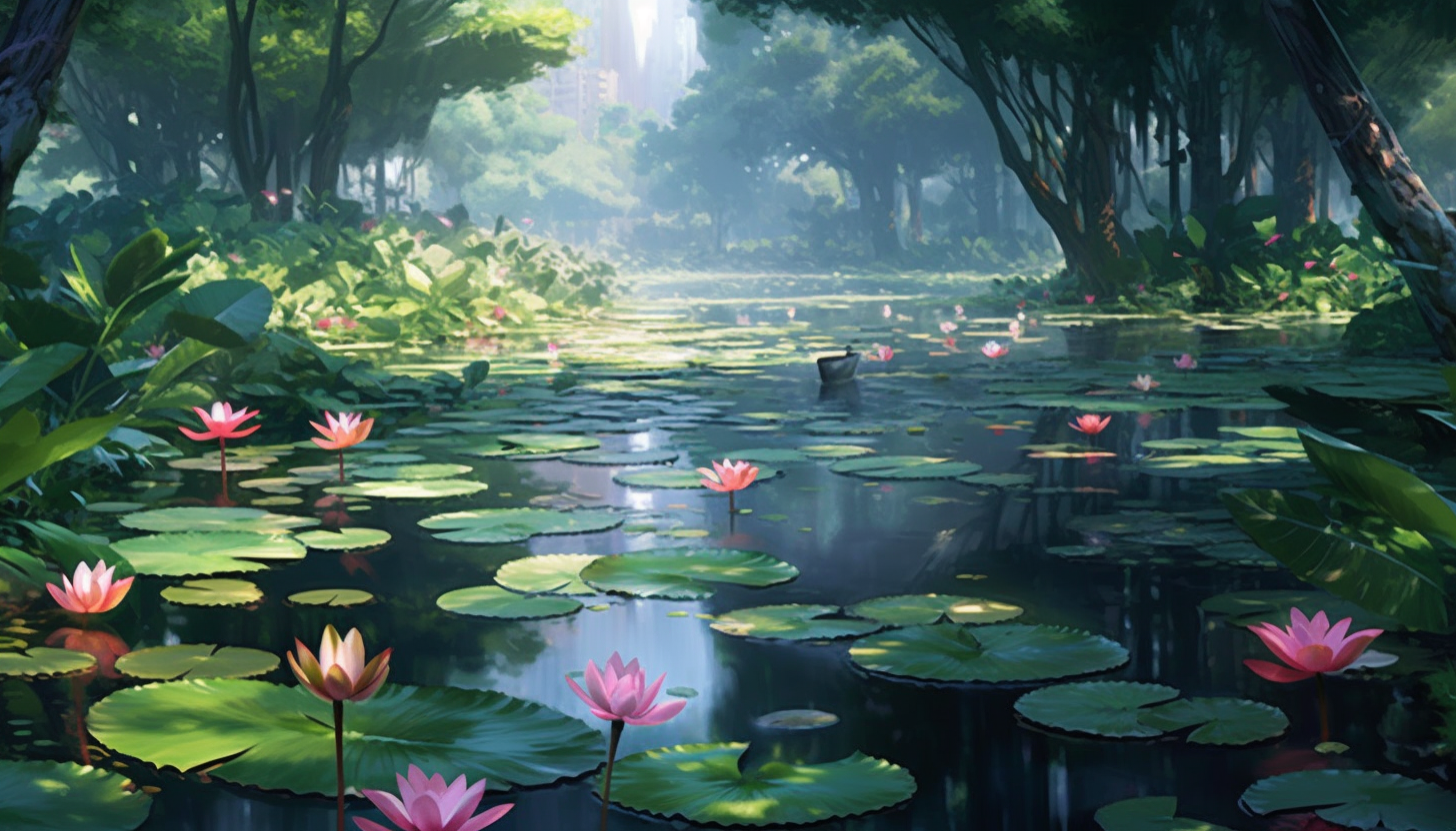 A tranquil pond filled with lotus flowers in full bloom.