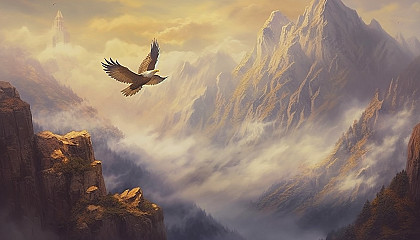 Majestic eagles soaring above misty mountain peaks.