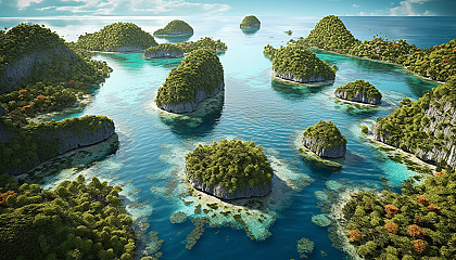 An archipelago of lush, tropical islands surrounded by clear waters.