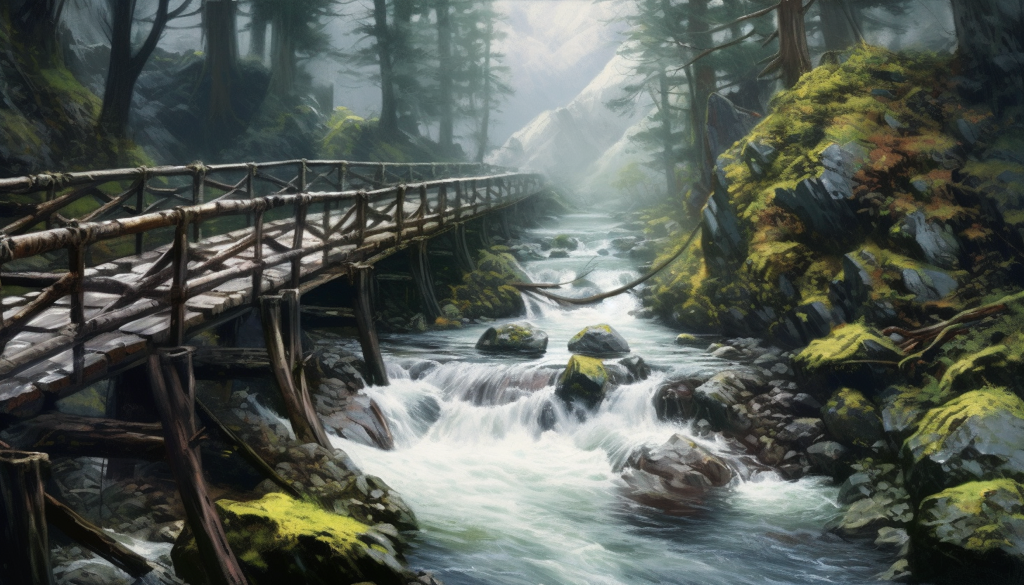 A narrow, rickety bridge crossing a fast-flowing mountain stream.