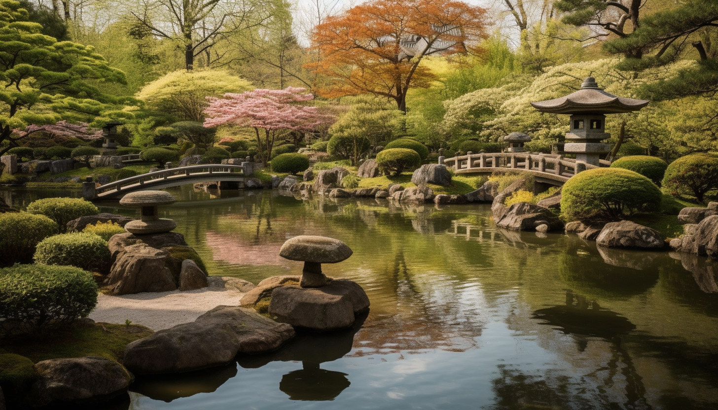 Tranquil Japanese gardens with koi ponds, stone lanterns, and cherry blossoms.