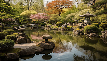 Tranquil Japanese gardens with koi ponds, stone lanterns, and cherry blossoms.