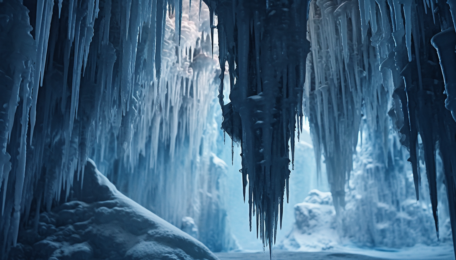 Icy stalactites hanging from the roof of a cave.