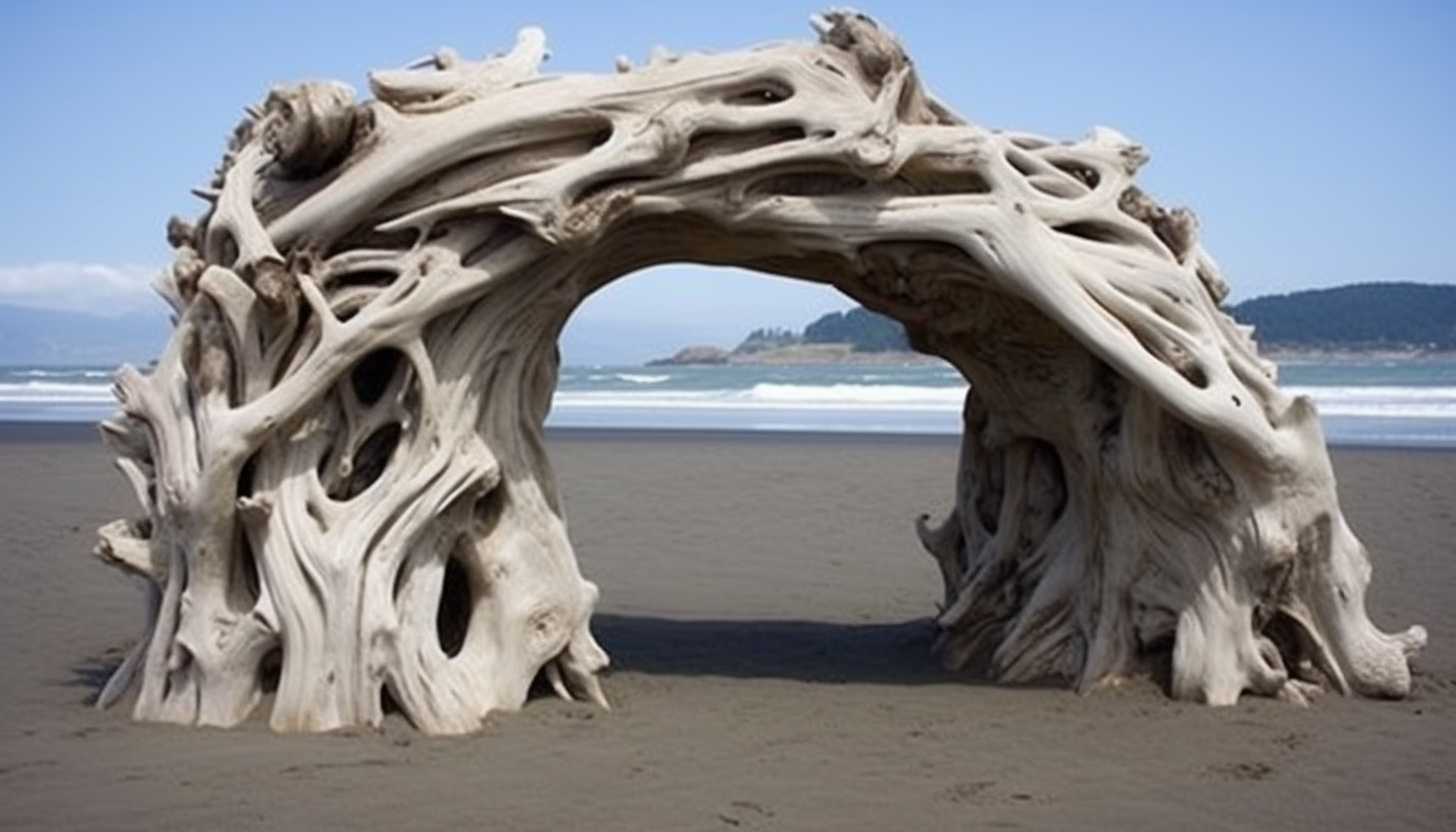 Driftwood structures naturally sculpted by the sea.