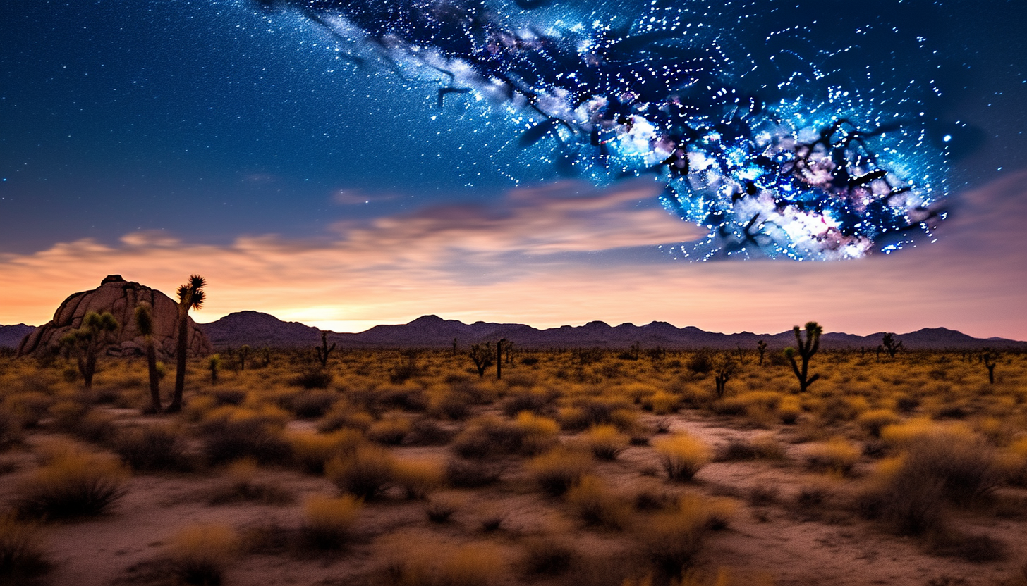 A striking desert landscape under a starlit night sky.