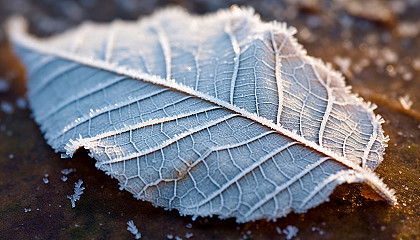 Frost patterns on a leaf during a chilly winter morning.