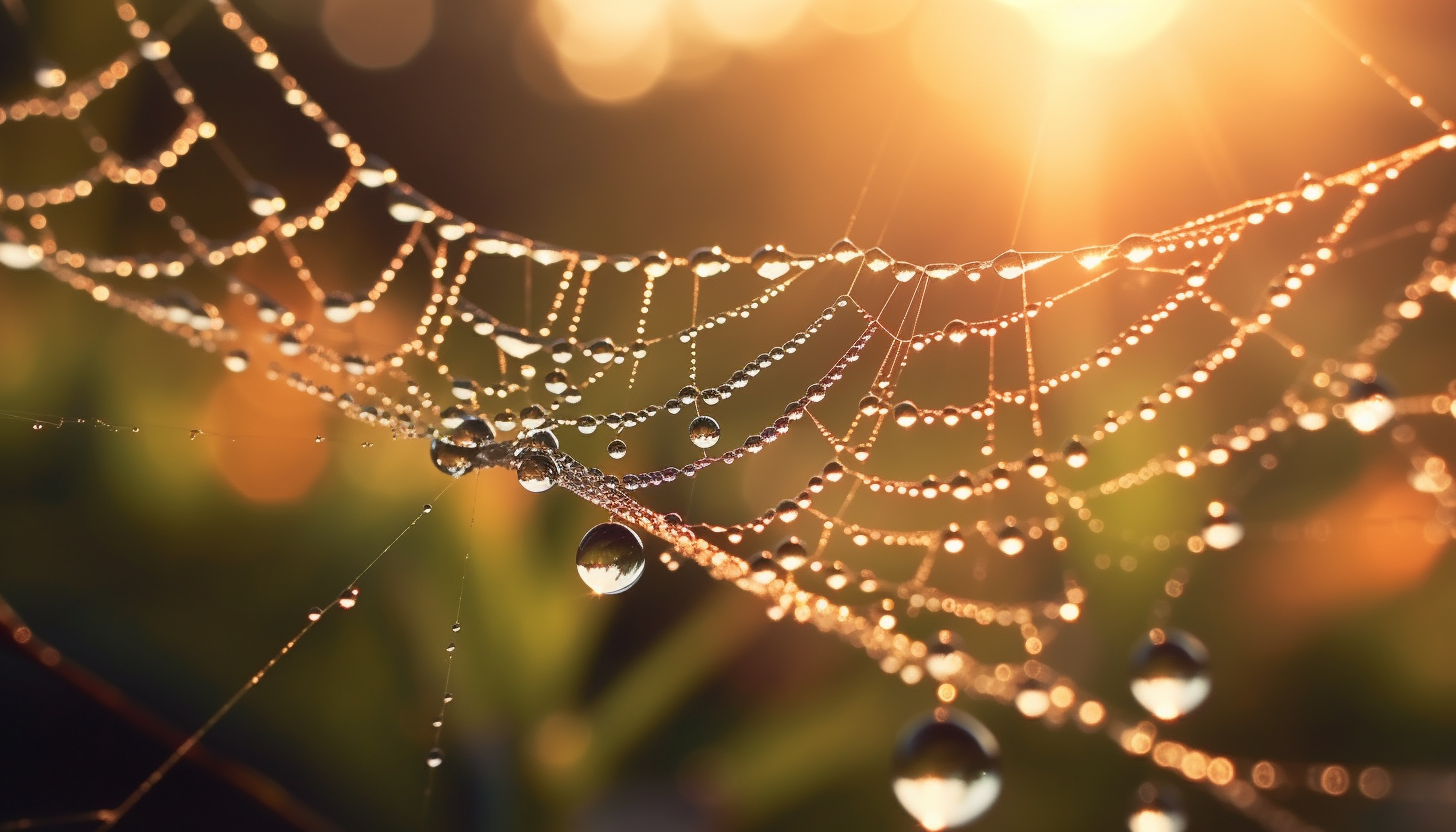 Dew drops glistening on a cobweb in the morning light.