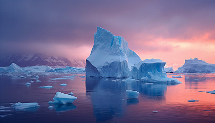 Dramatic icebergs floating in the still, Arctic sea.