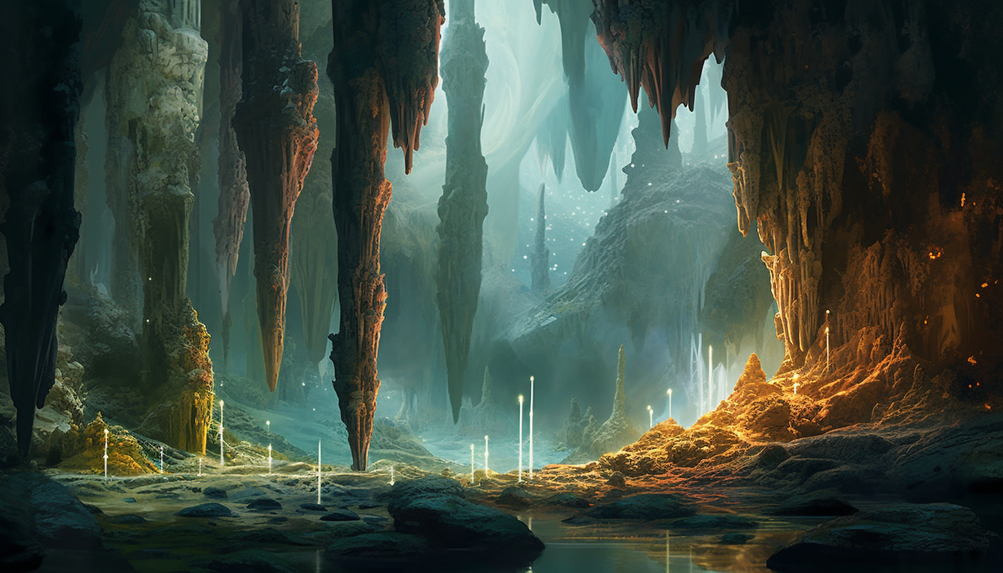 A cavern with intricate stalactite and stalagmite formations.