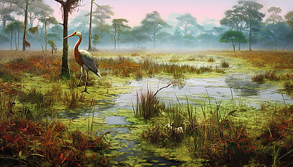 Misty marshlands teeming with unique plant and bird life.