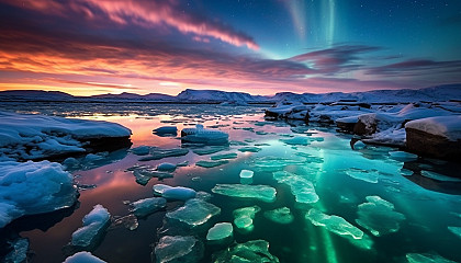 Icy tundra under the glow of the ethereal northern lights.