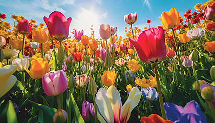 An array of multicolored tulips blooming in a field.