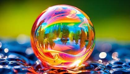 Prismatic colors in a soap bubble floating against a green backdrop.