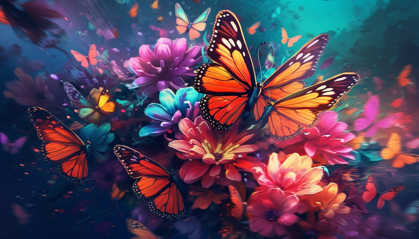 A swarm of colorful butterflies around a blooming flower.