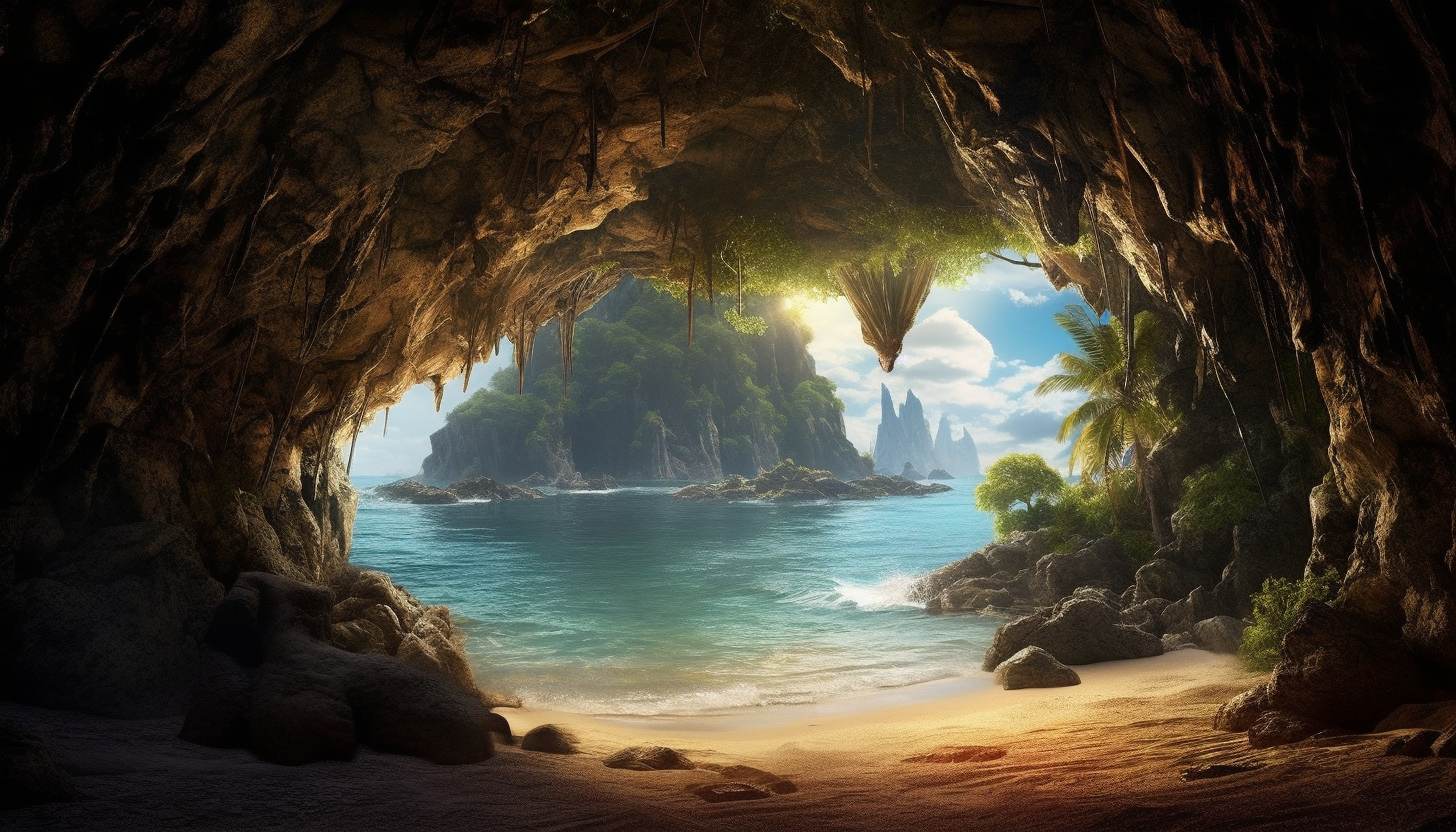 A view from inside a cavern, looking out onto a hidden beach.