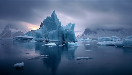 Towering icebergs floating in a chilly, Arctic sea.
