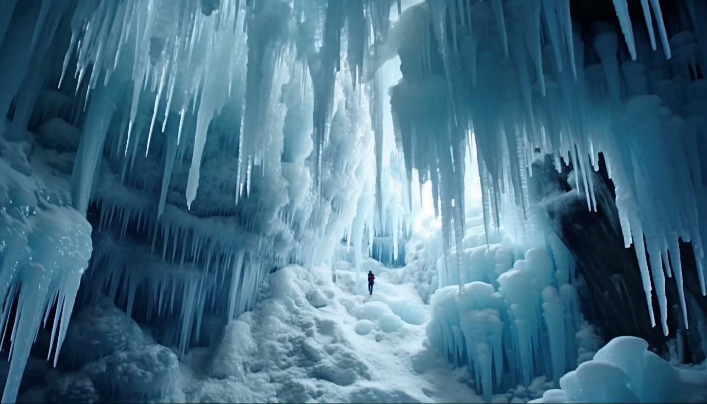 Icy stalactites hanging from the roof of a cave.