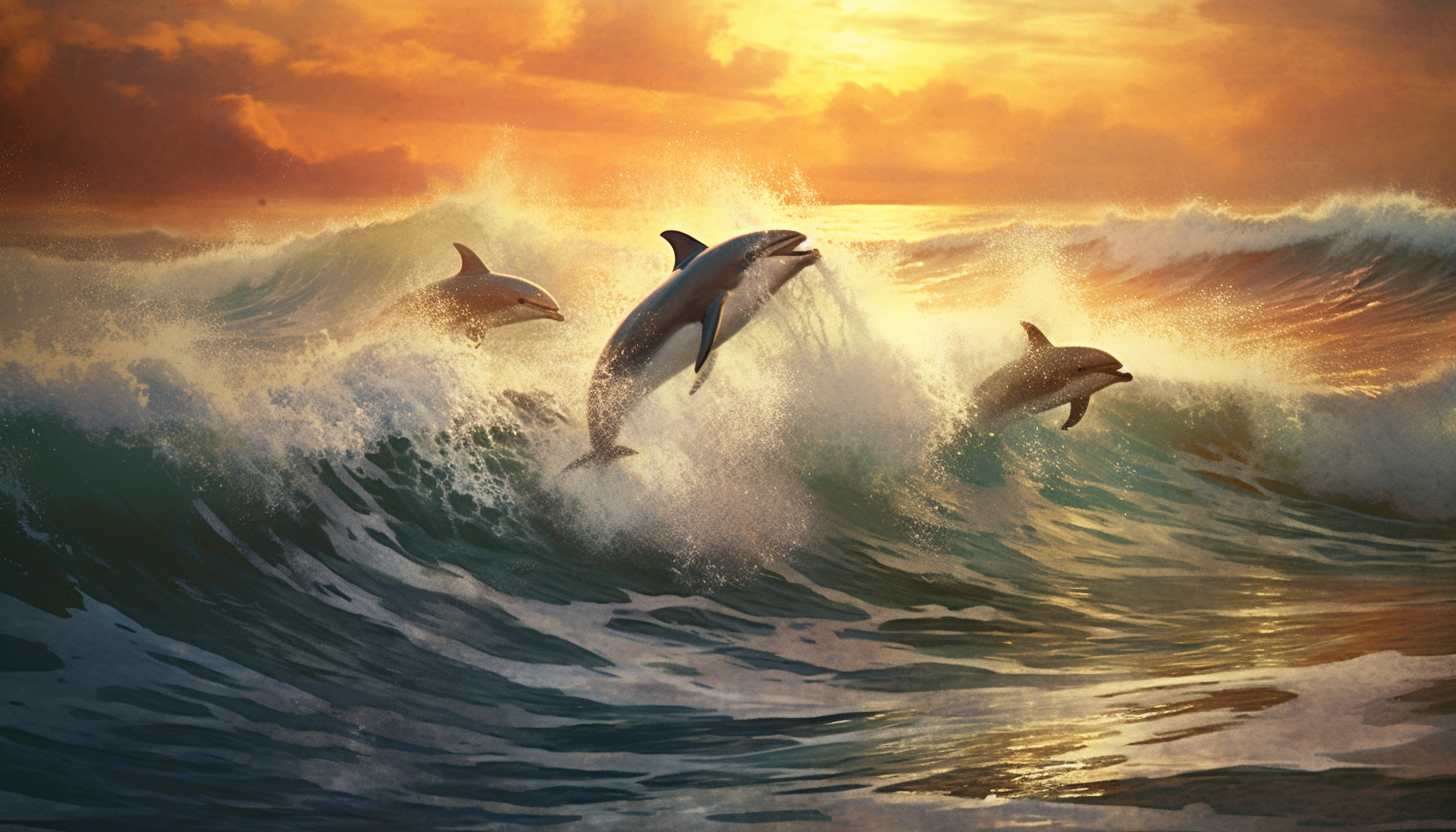 A group of playful dolphins jumping out of the ocean waves.