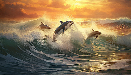 A group of playful dolphins jumping out of the ocean waves.