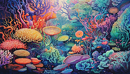 The vibrant colors and patterns of a coral reef ecosystem.