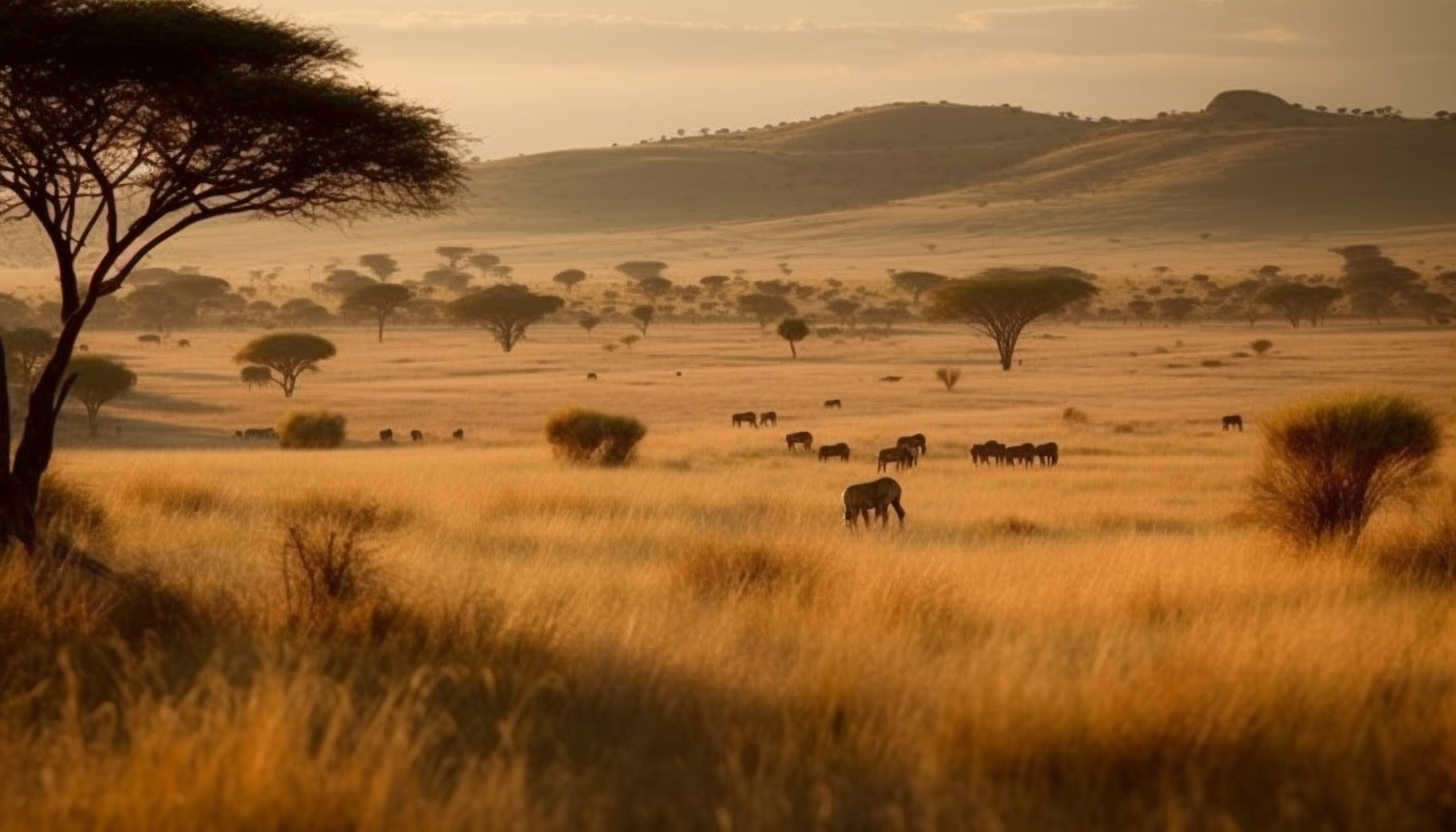 Sweeping savannah landscapes with diverse wildlife and acacia trees.