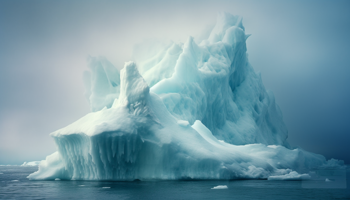 The dramatic sight of an iceberg drifting in the ocean.