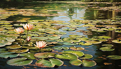 A serene pond filled with blooming water lilies.