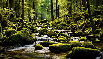 Mossy stones lining a babbling brook in the heart of a forest.