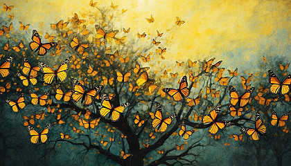 Monarch butterflies gathering on a tree during their migration.