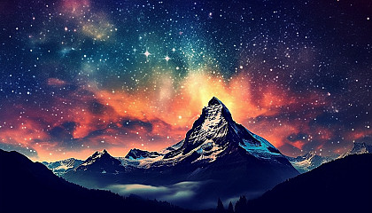 A mountain range silhouetted against a sky filled with stars.