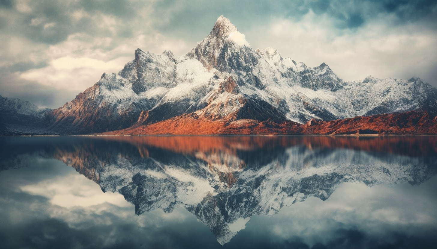 Reflection of a mountain range on the mirror-like surface of a lake.