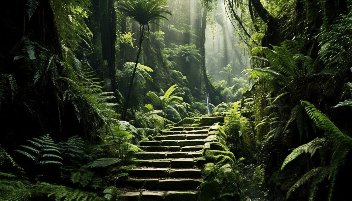 A zigzag path leading through dense ferns to a hidden waterfall.