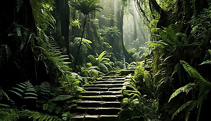 A zigzag path leading through dense ferns to a hidden waterfall.