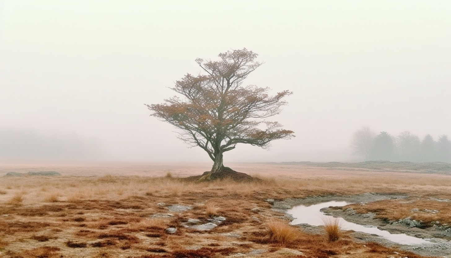 A lone tree standing in a misty, open field.