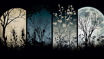 Moonlit nights with silhouettes of plants, animals, or natural structures.