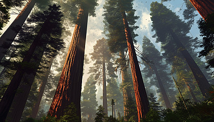 A grove of ancient redwood trees towering towards the sky.
