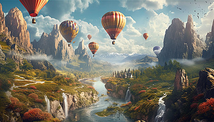 Hot air balloons floating over a picturesque valley.