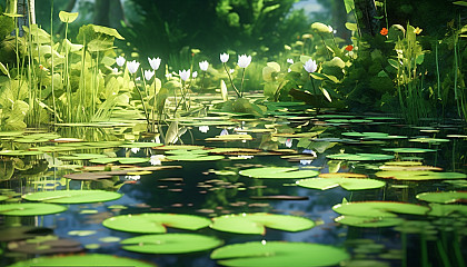 A quaint, tranquil pond filled with water lilies.