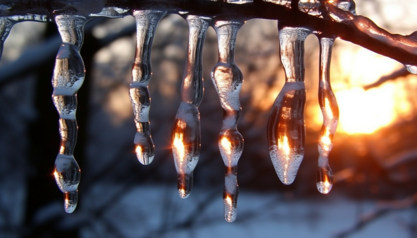 Glistening icicles hanging from a tree branch.