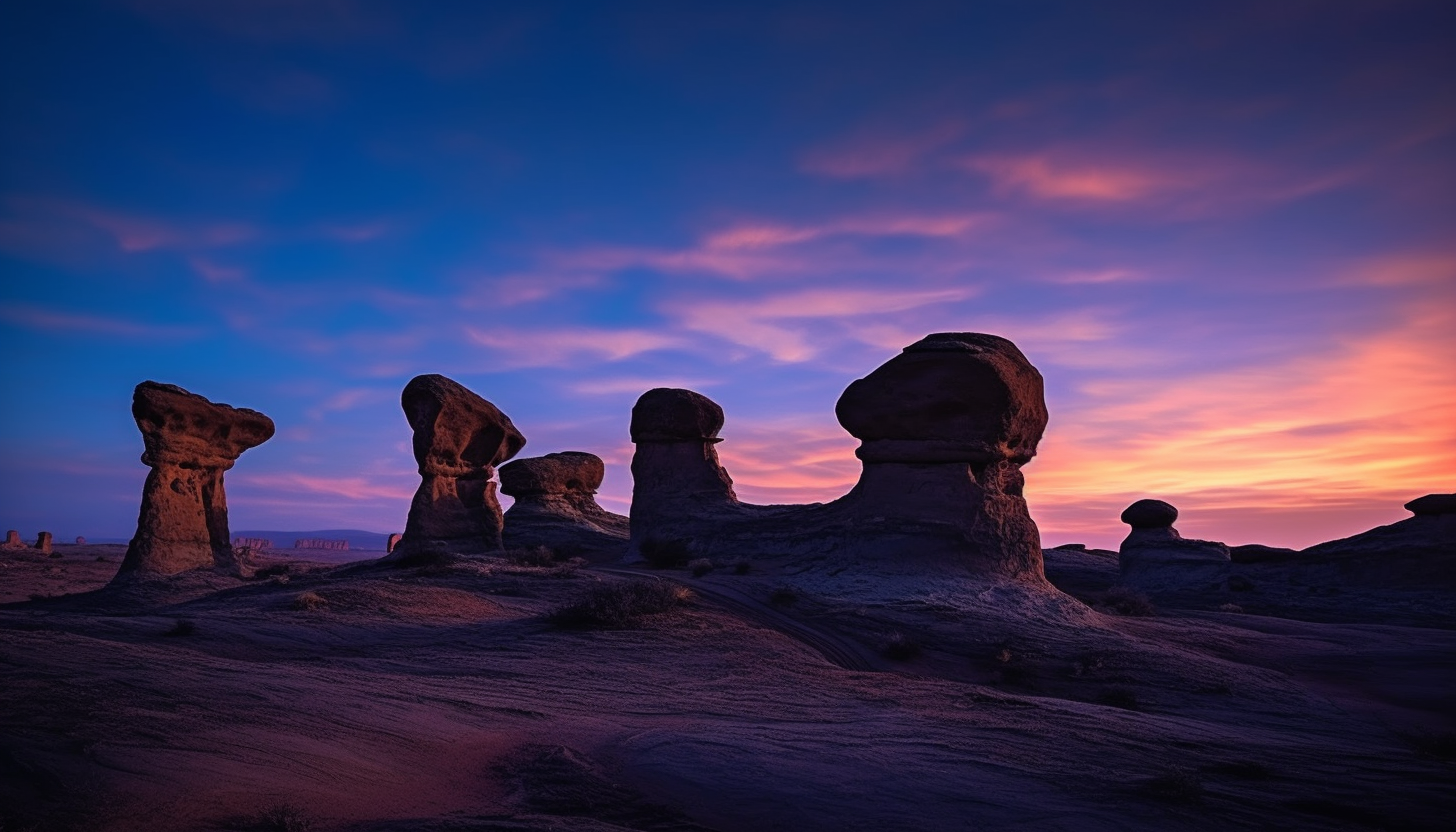 Unusual rock formations silhouetted against a twilight sky.