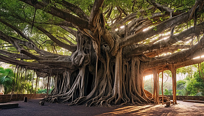 An ancient banyan tree with sprawling roots and branches.
