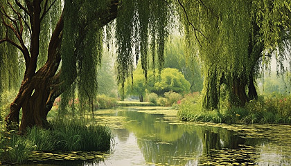 A grove of weeping willows by a tranquil pond.