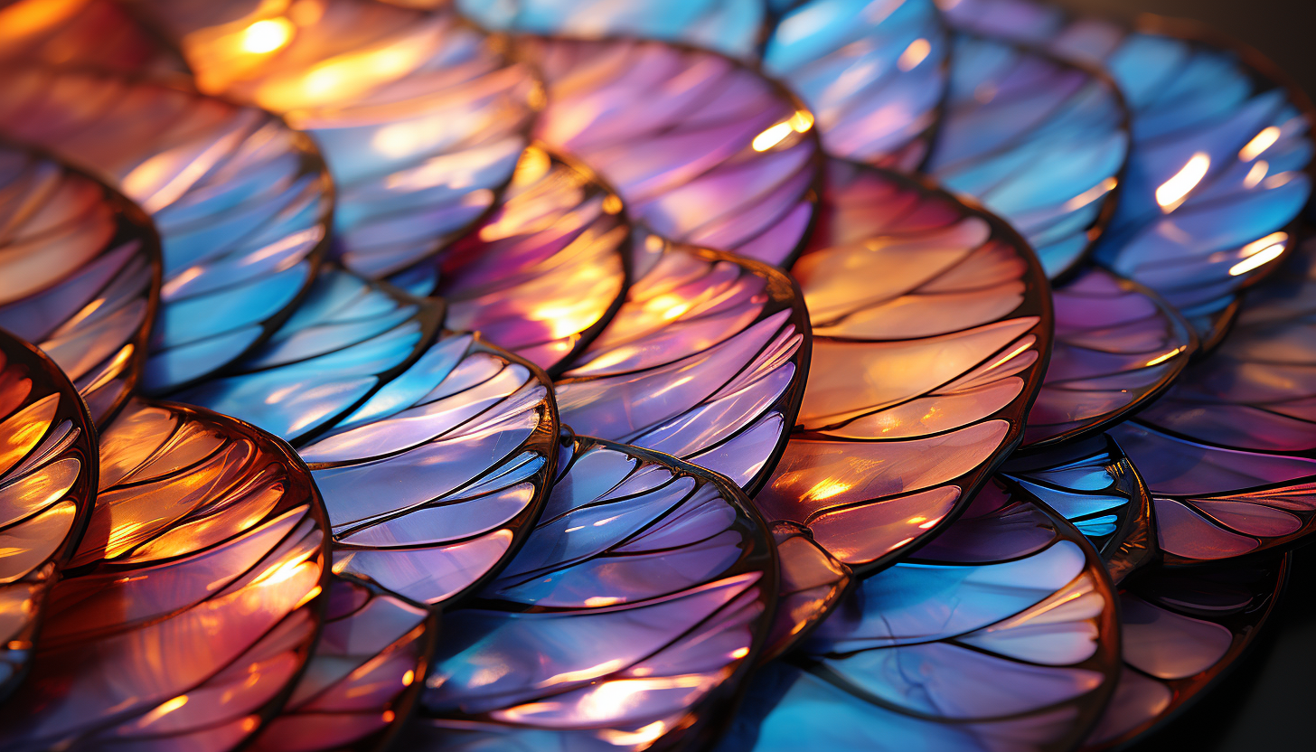 Close-up of the iridescent scales of a butterfly wing, shimmering in the sunlight.