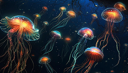 A constellation of bioluminescent creatures under the sea.