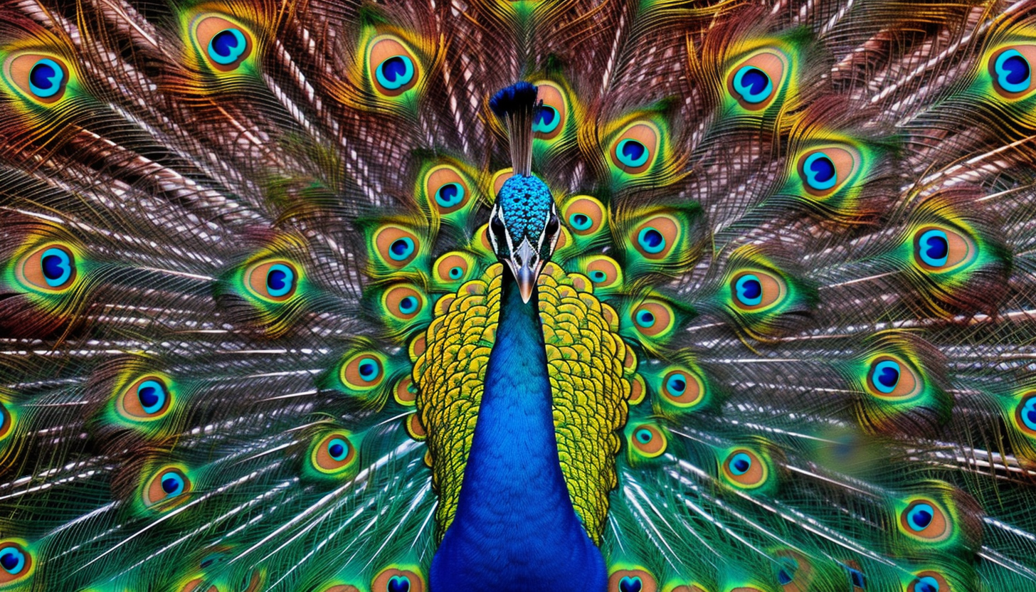 Vibrant peacock feathers displayed in a courtship dance.