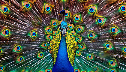 Vibrant peacock feathers displayed in a courtship dance.