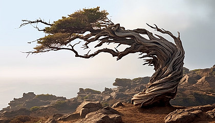 A twisted tree trunk shaped by the wind on a high cliff.