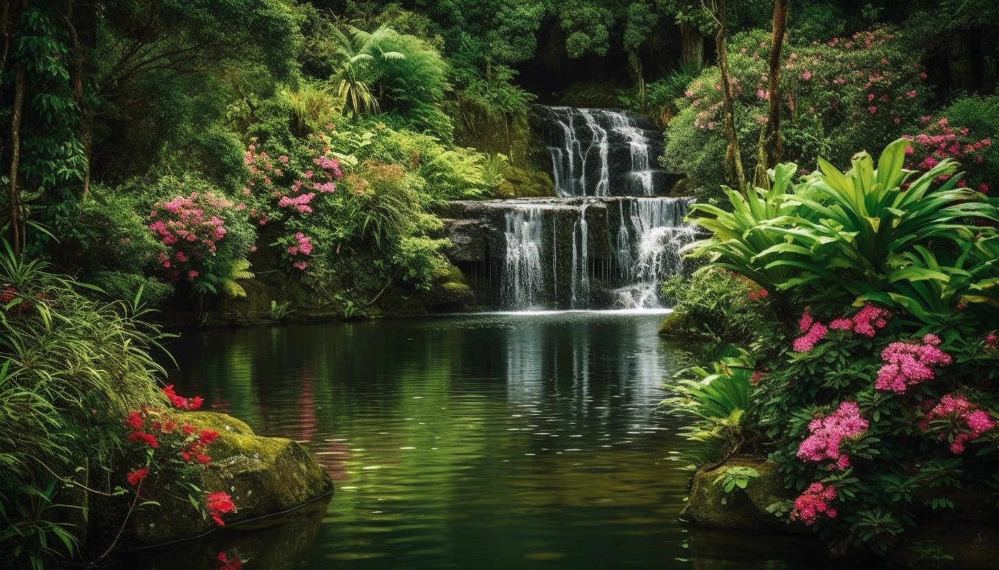 Serene waterfalls surrounded by lush greenery and vivid flowers.